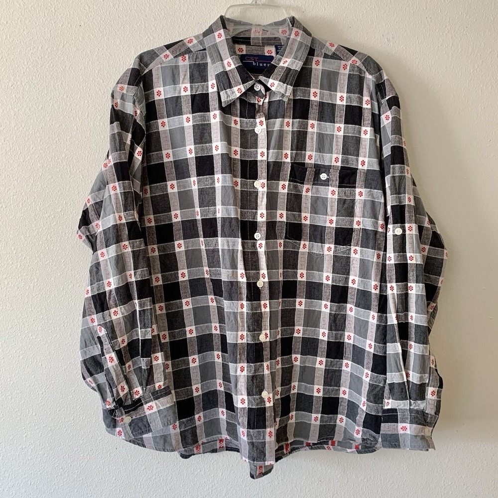 CST Blues Women's Long Roll Tab Sleeve Button Up Top Black Plaid Red Flowers 4X
